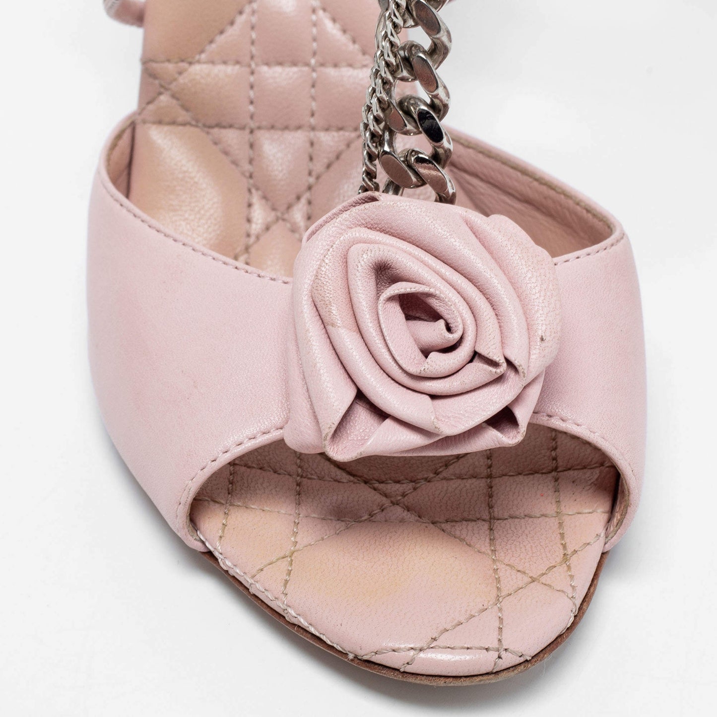 Original Dior Pink Leather Rose Chain Ankle Strap Sandals Size 37