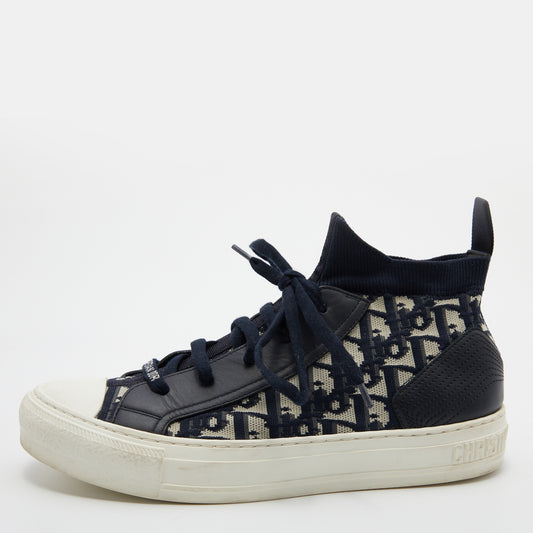 Original Dior Blue/White Knit and Leather Walk'n'Dior High-Top Sneakers Size 40