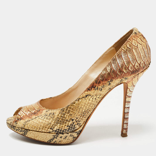 Original Dior Gold/Yellow Python Embossed Leather Miss Dior Peep-Toe Platform Pumps Size 40