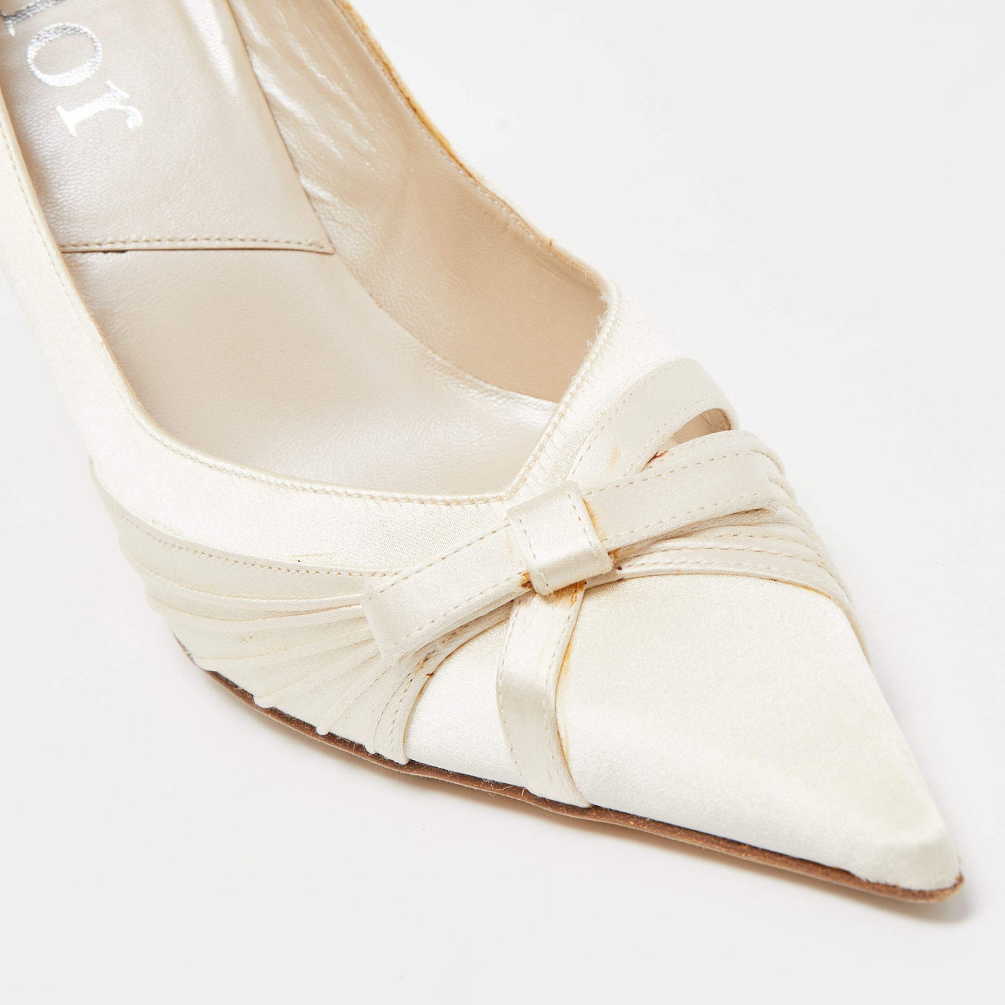 Original Dior Off White Satin Bow Pointed Toe Pumps Size 39.5