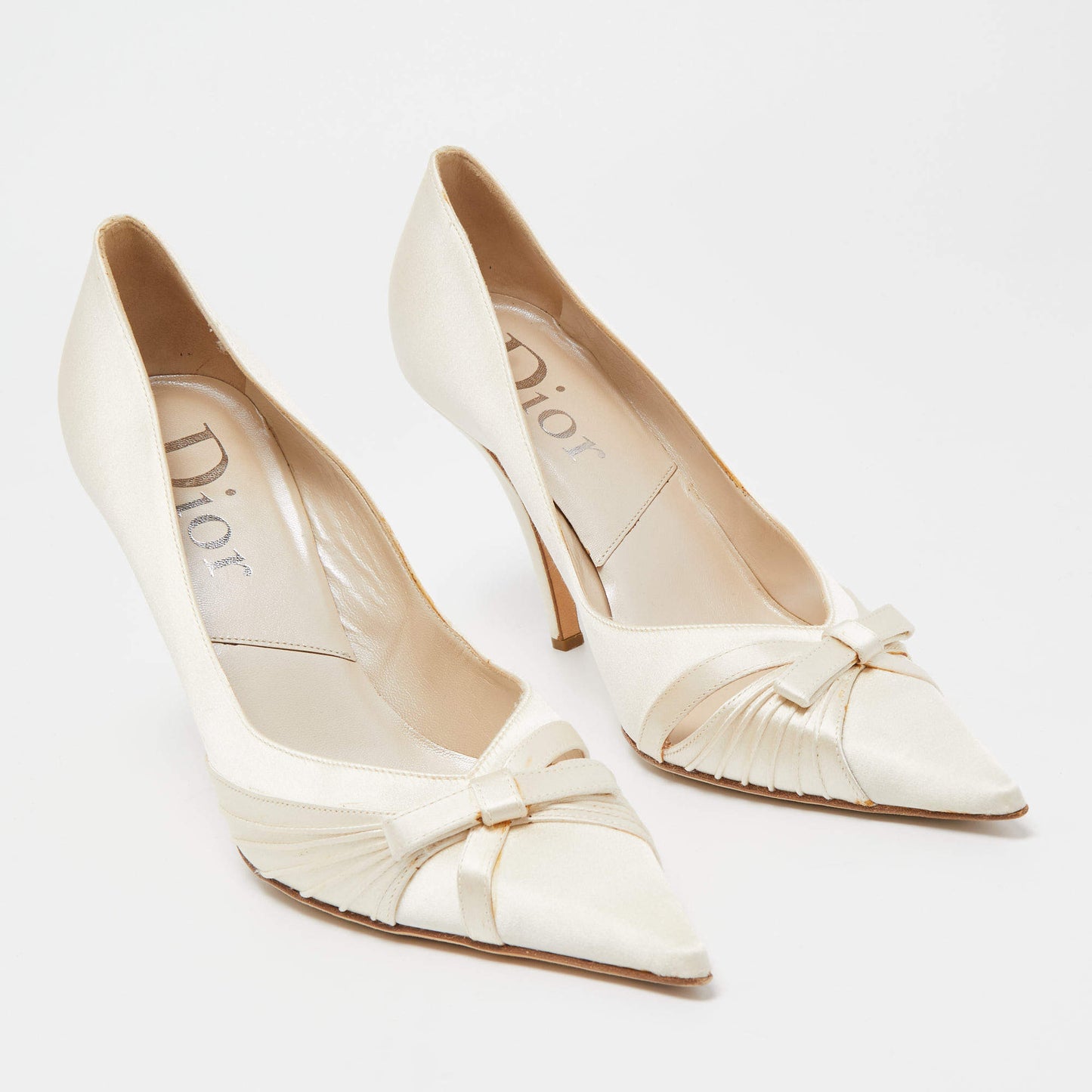 Original Dior Off White Satin Bow Pointed Toe Pumps Size 39.5