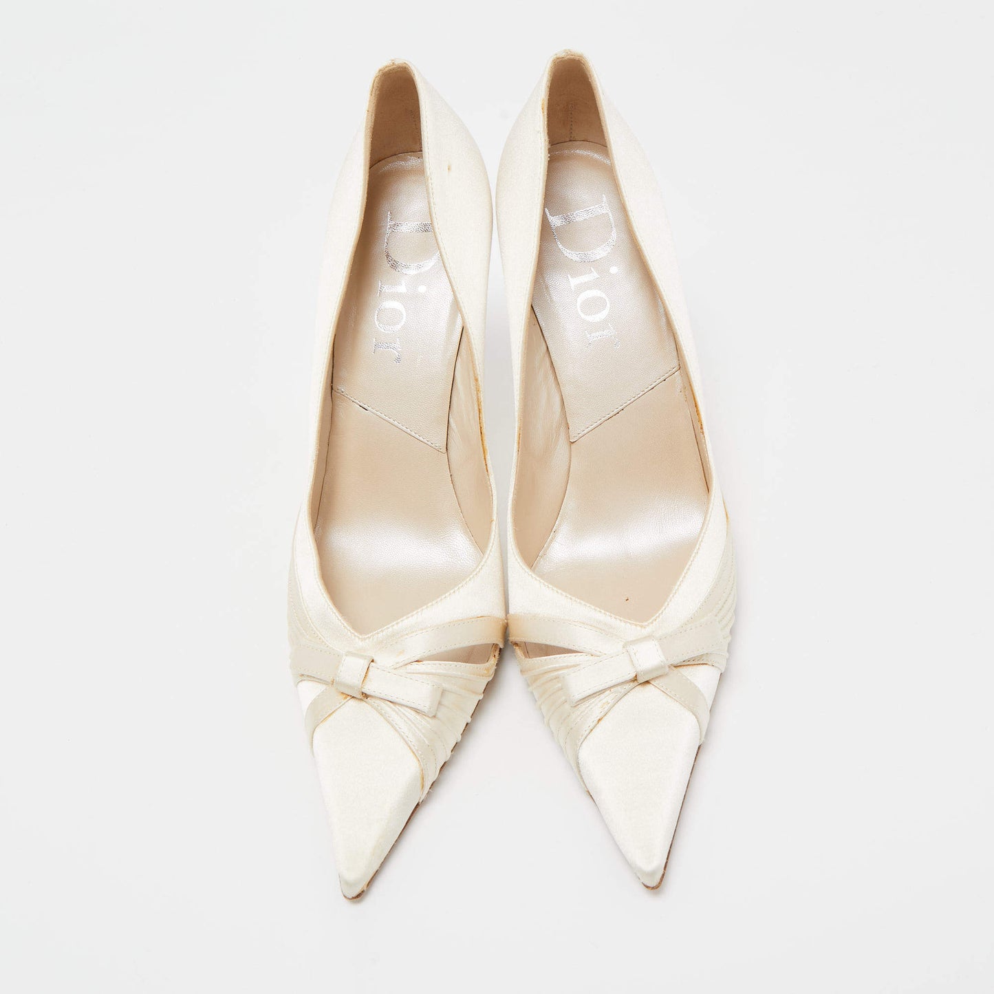 Original Dior Off White Satin Bow Pointed Toe Pumps Size 39.5