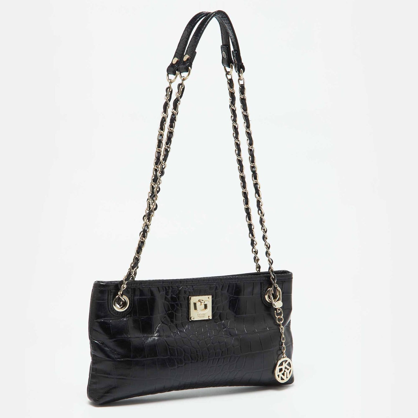 Original DKNY Black Croc Embossed Leather Shoulder Bag