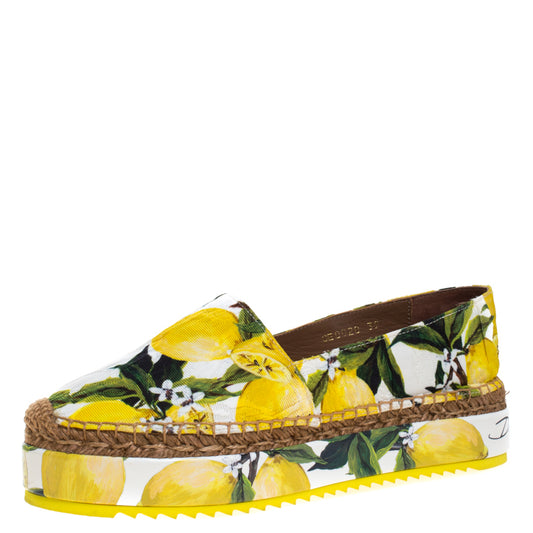 Original Dolce & Gabbana Yellow/Green Lemon Print Fabric Platform Espadrille Flats Size 39 (Never Used)