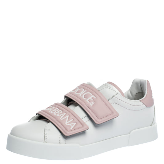 Original Dolce & Gabbana White/Pink Leather Logo Velcro Straps Sneakers Size 40.5 (Never Used)