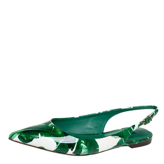 Original Dolce & Gabbana White/Green Patent Leather Banana Leaf Print Slingback Flats Size 36.5 (Never Used)