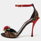 Original Dolce & Gabbana Beige/Black Leopard Print Canvas and Satin Rose Applique Ankle Strap Sandals Size 38 (Never Used)