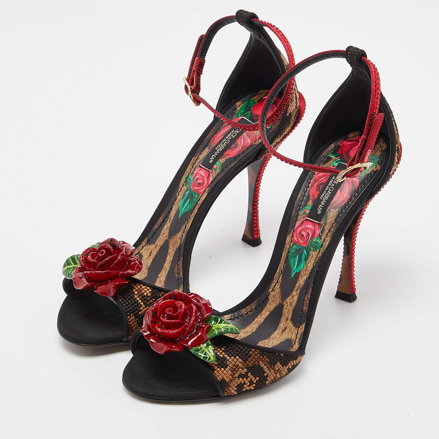 Original Dolce & Gabbana Beige/Black Leopard Print Canvas and Satin Rose Applique Ankle Strap Sandals Size 38 (Never Used)