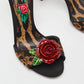 Original Dolce & Gabbana Beige/Black Leopard Print Canvas and Satin Rose Applique Ankle Strap Sandals Size 38 (Never Used)