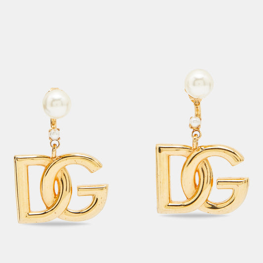 Original  Dolce & Gabbana. Gold Tone Logo Faux Pearl Drop Earrings