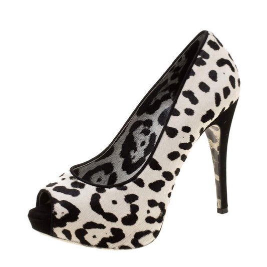 Original Dolce & Gabbana White Leopard Print Calfhair Peep Toe Platform Pumps Size 35.5