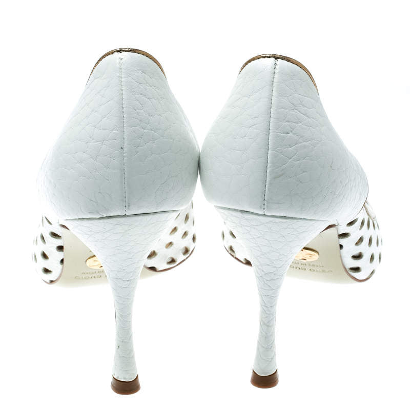 Original Dolce & Gabbana White/Gold Perforated Leather Bow Detail Peep Toe Pumps Size 36.5