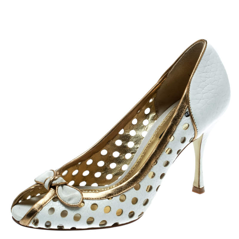 Original Dolce & Gabbana White/Gold Perforated Leather Bow Detail Peep Toe Pumps Size 36.5