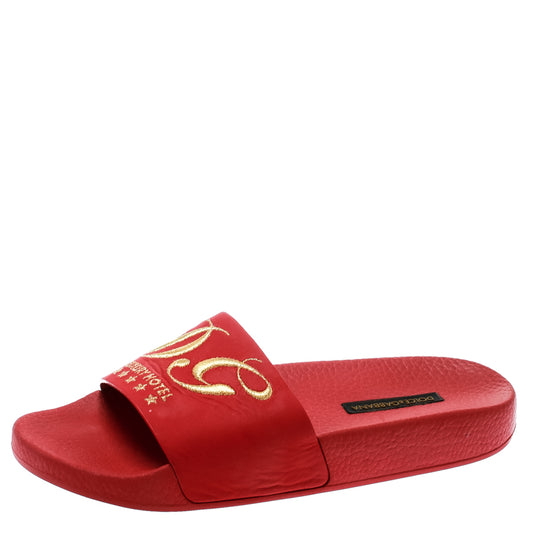 Original Dolce and Gabbana Red Rubber DG Embroidered Flat Pool Slides Size 36