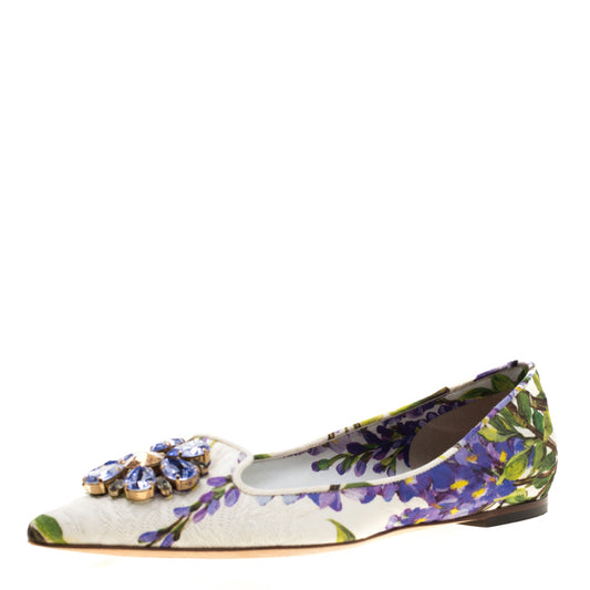 Original Dolce And Gabbana Multicolor Blossom Printed Fabric Crystal Embellished Pointed Toe Ballet Flats Size 37