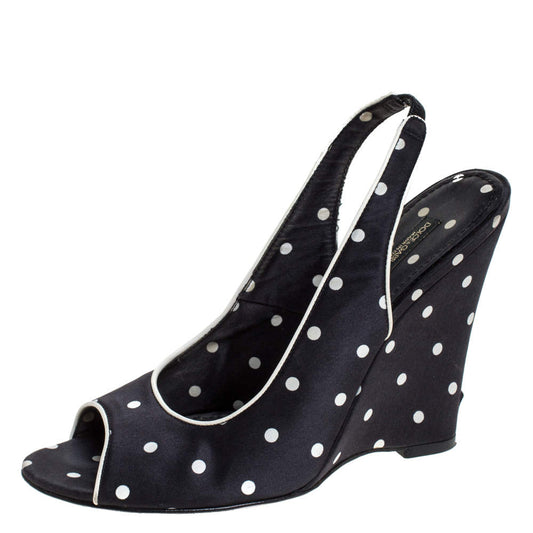 Original Dolce & Gabbana Black Satin Polka Dot Slingback Wedges Size 38