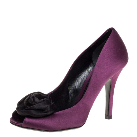 Original Dolce & Gabbana Purple Satin Rose Peep Toe Pumps Size 38.5