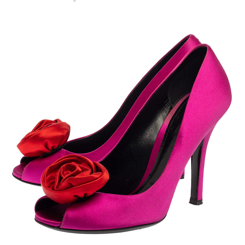 Original Dolce & Gabbana Pink/Red Satin Rose Applique Peep Toe Pumps Size 39