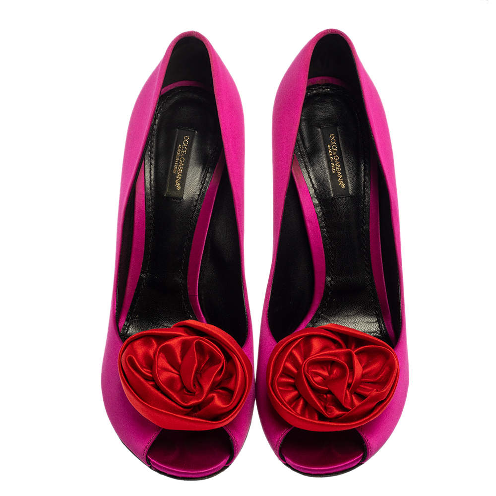 Original Dolce & Gabbana Pink/Red Satin Rose Applique Peep Toe Pumps Size 39