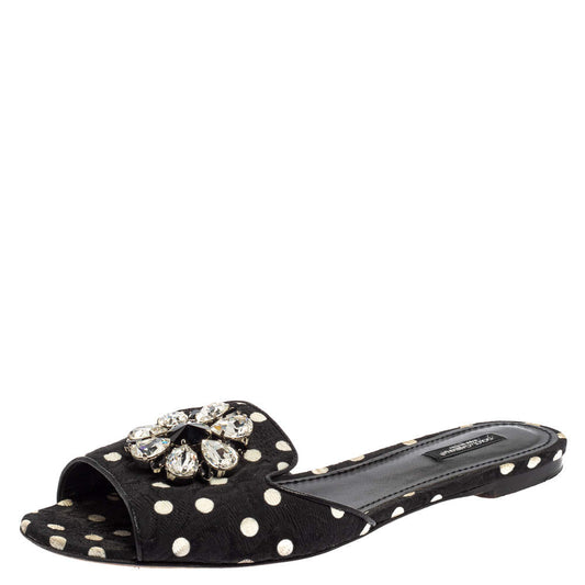 Original Dolce & Gabbana Black/White Polka Dot Fabric Crystal Embellished Bianca Flat Slides Size 41