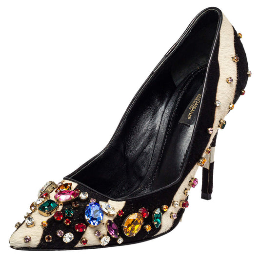 Original Dolce & Gabbana Black/White Leather And Calf Hair Bellucci Crystal Embellished Pumps Size 37.5