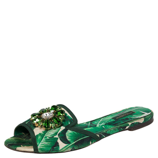 Original Dolce & Gabbana Green/White Banana Leaf-Print Fabric Crystal Embellished Flat Sandals Size 38.5