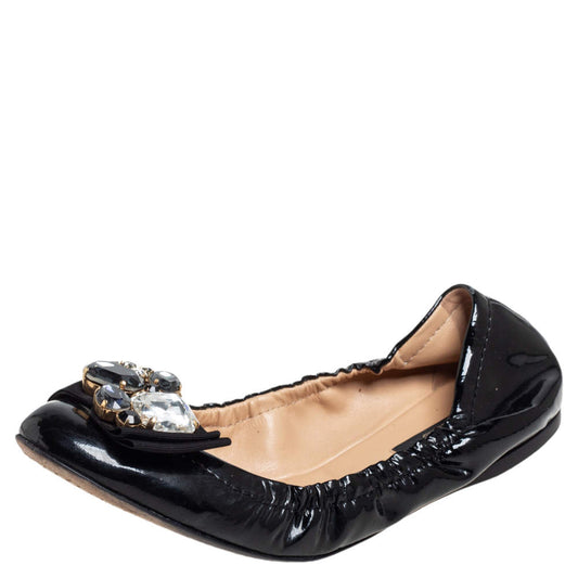 Original Dolce and Gabbana Black Patent Leather Crystal Embellished Bow Scrunch Ballet Flats Size 38.5