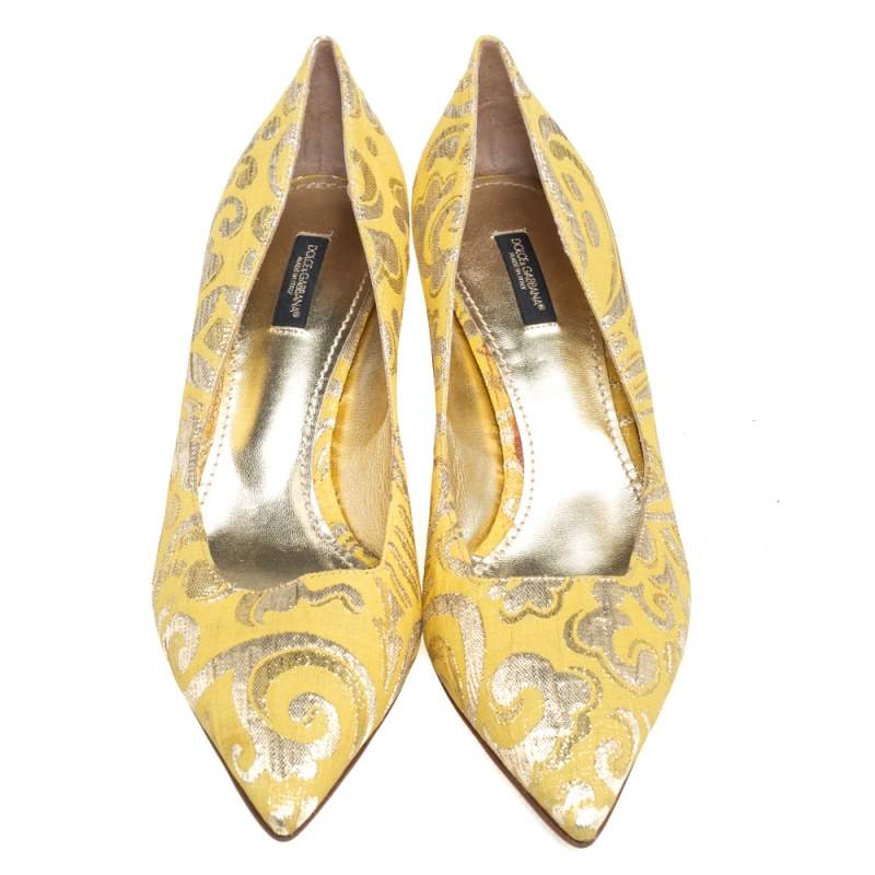 Original Dolce & Gabbana Yellow Brocade Fabric Pointed Toe  Pumps Size 40