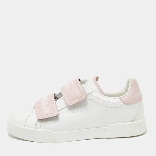 Original Dolce & Gabbana White/Pink Leather Logo Velcro Straps Sneakers Size 39