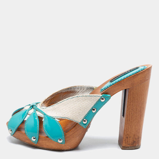 Original Dolce & Gabbana Turquoise/White Patent Leather and Canvas Block Heel Mules Size 37.5