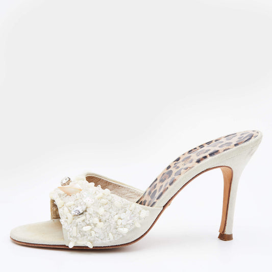 Original Dolce & Gabbana White Embellished Suede Slide Sandals Size 38