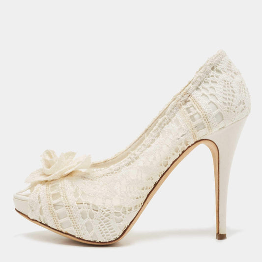 Original Dolce & Gabbana Off White Lace Rose Detail Peep Toe Pumps Size 39