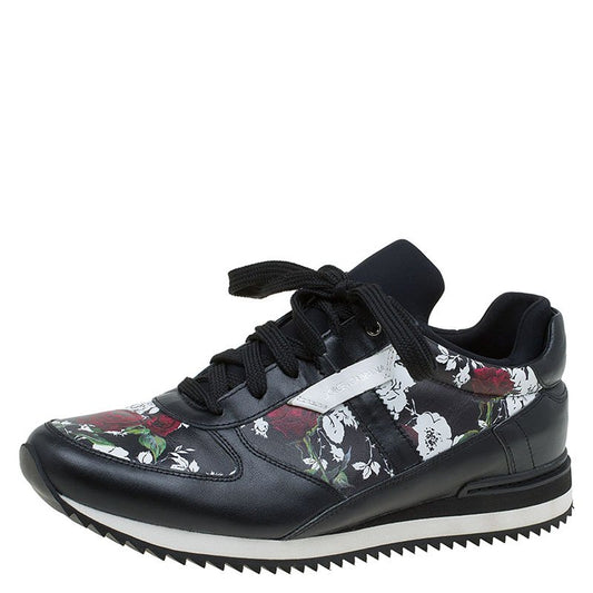 Original Dolce and Gabbana Black Rose Print Leather Sneakers Size 41