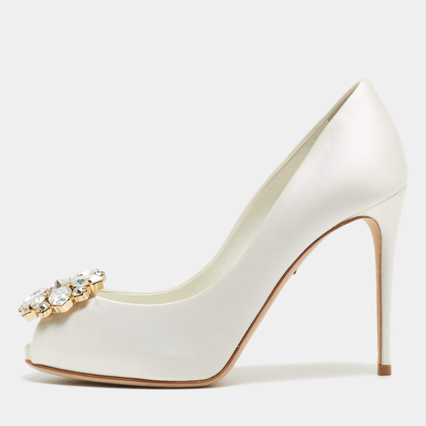 Original Dolce & Gabbana White Satin Crystal Embellished Peep Toe Pumps Size 36