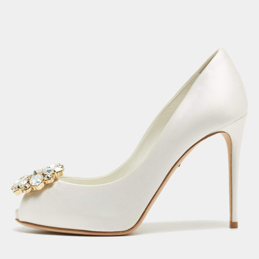 Original Dolce & Gabbana White Satin Crystal Embellished Peep Toe Pumps Size 36