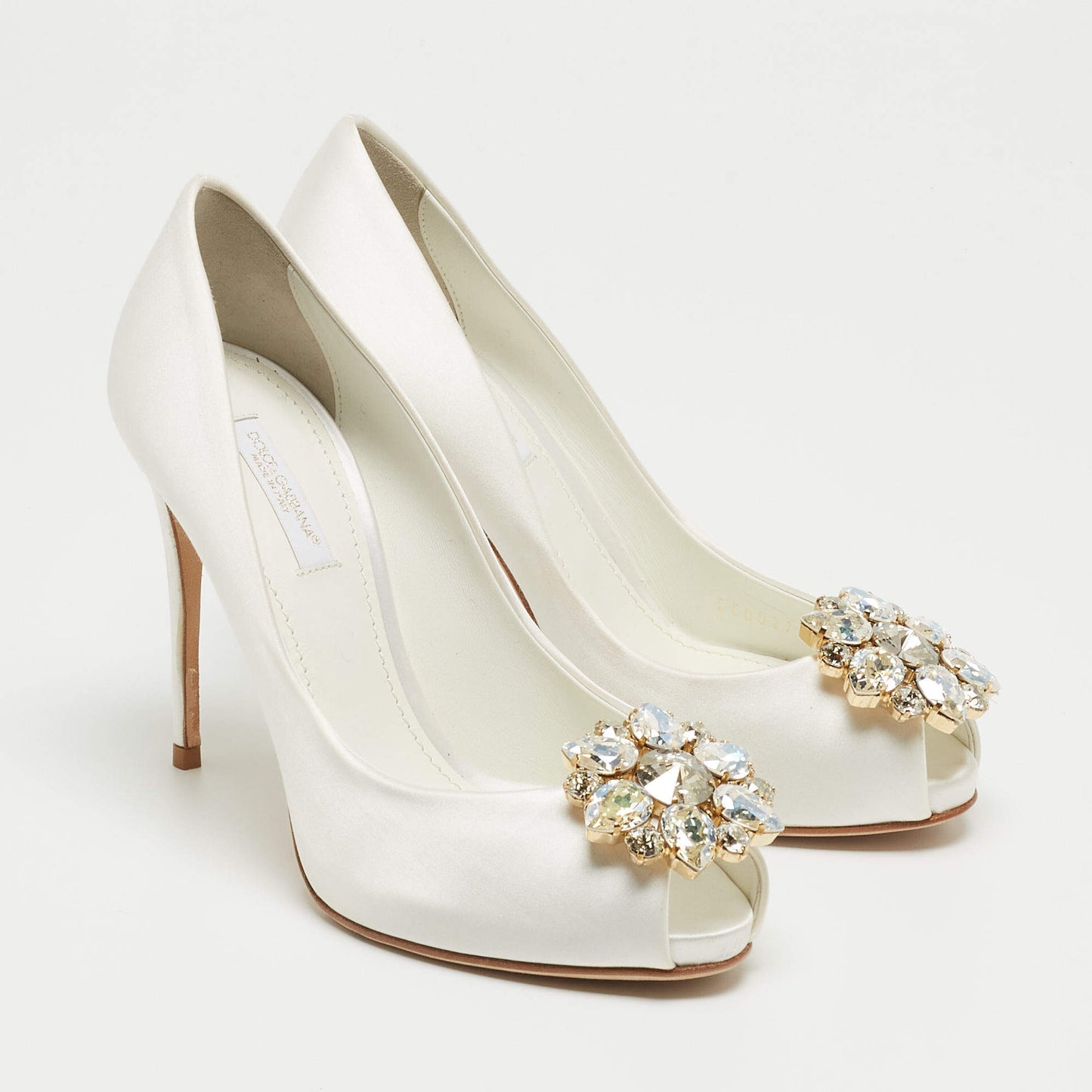 Original Dolce & Gabbana White Satin Crystal Embellished Peep Toe Pumps Size 36