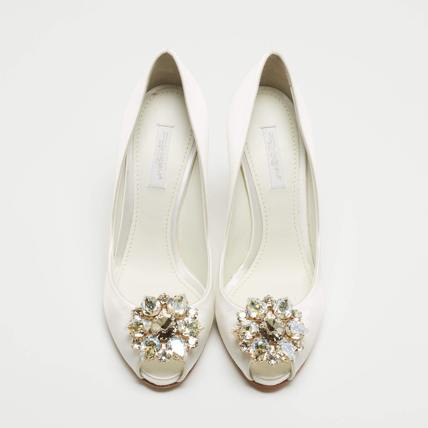 Original Dolce & Gabbana White Satin Crystal Embellished Peep Toe Pumps Size 36