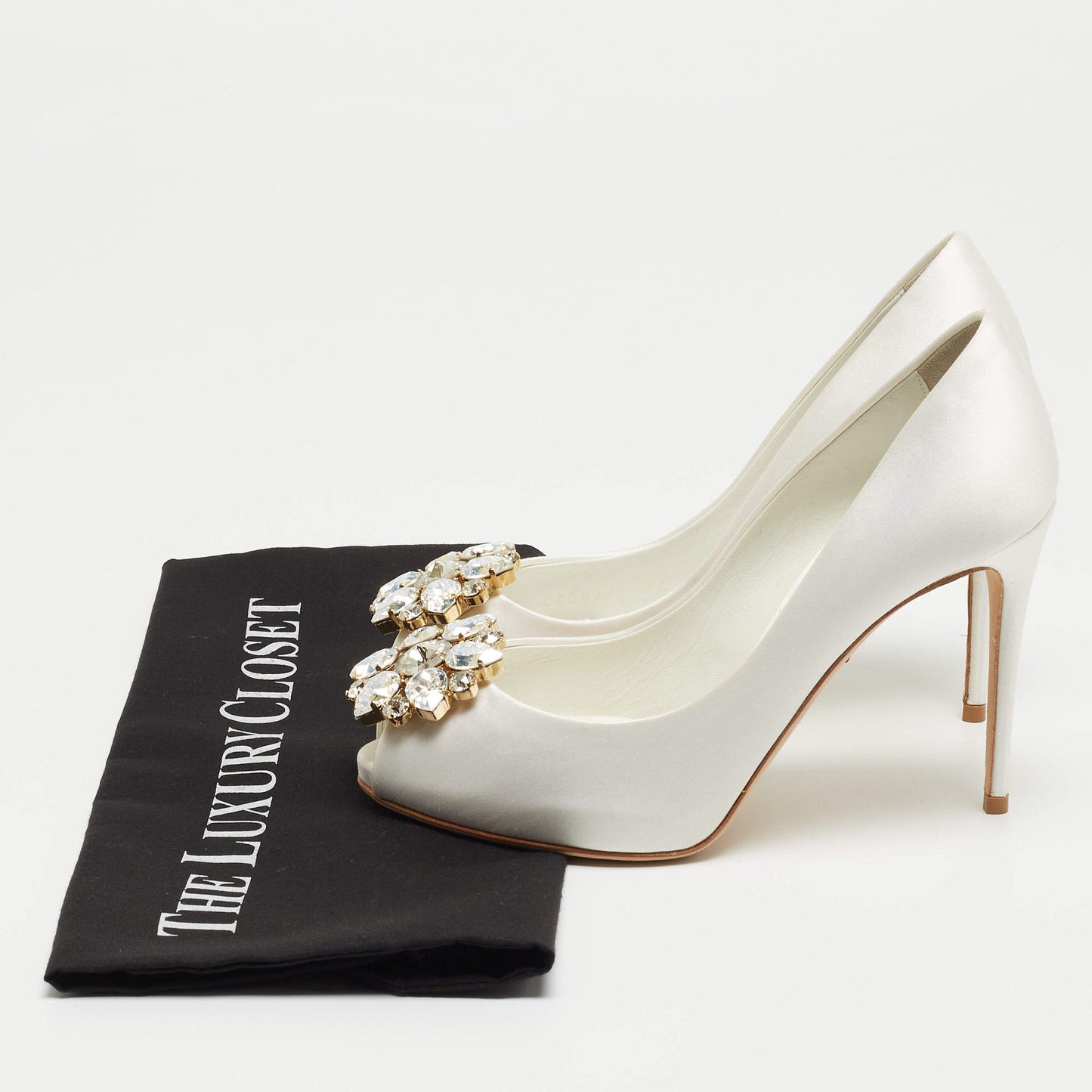 Original Dolce & Gabbana White Satin Crystal Embellished Peep Toe Pumps Size 36