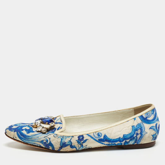 Original Dolce & Gabbana White/Blue Printed Fabric Crystal Embellished Ballet Flats Size 39