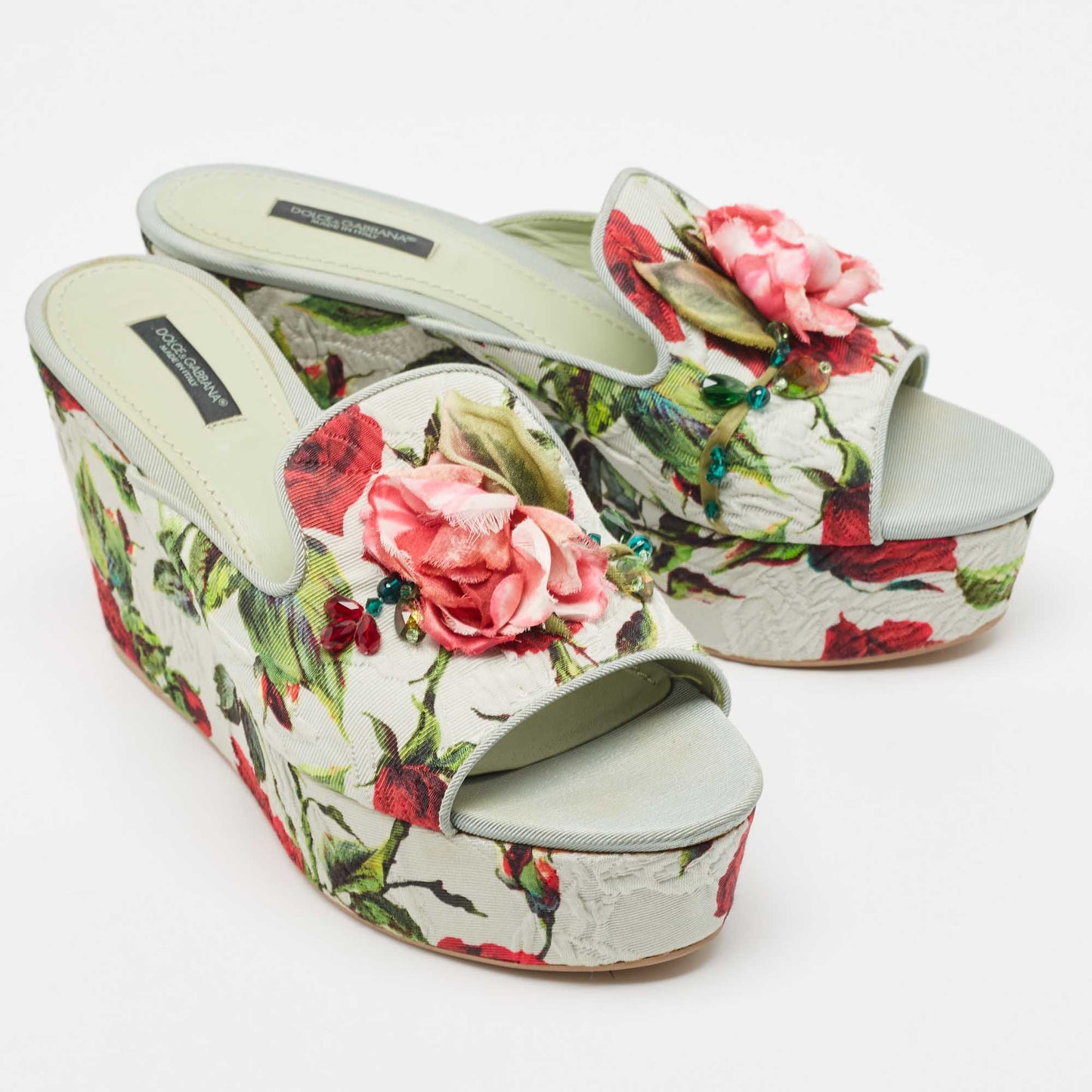 Original Dolce & Gabbana Light Green Rose Print Canvas Embellished Flower Applique Wedge Slide Sandals Size 39