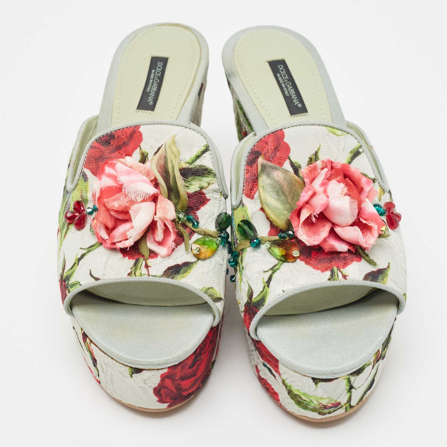 Original Dolce & Gabbana Light Green Rose Print Canvas Embellished Flower Applique Wedge Slide Sandals Size 39