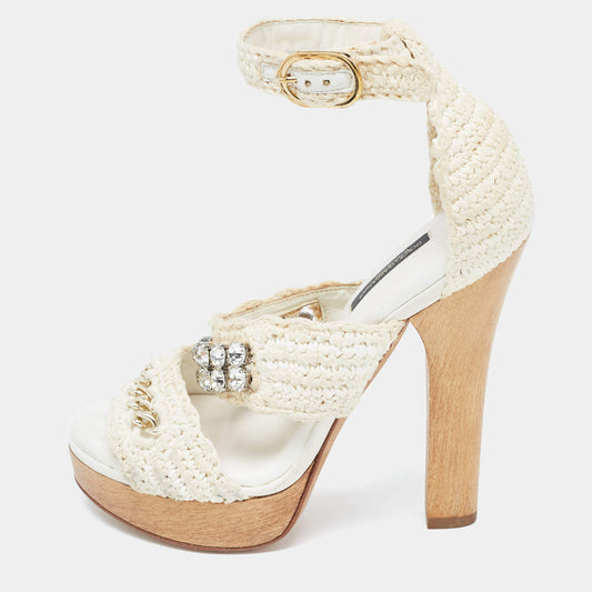 Original Dolce & Gabbana White Woven Lace Crystal Embellished Ankle Strap Sandals Size 37