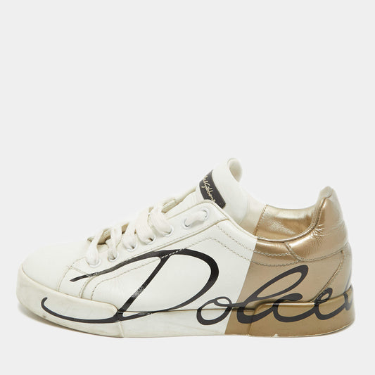 Original Dolce & Gabbana White/Gold Leather and Patent Logo Print Portofino Sneakers Size 38.5