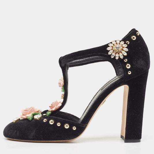 Original Dolce & Gabbana Black Velvet Studded and Rose Embellished Vally Pumps Size 40