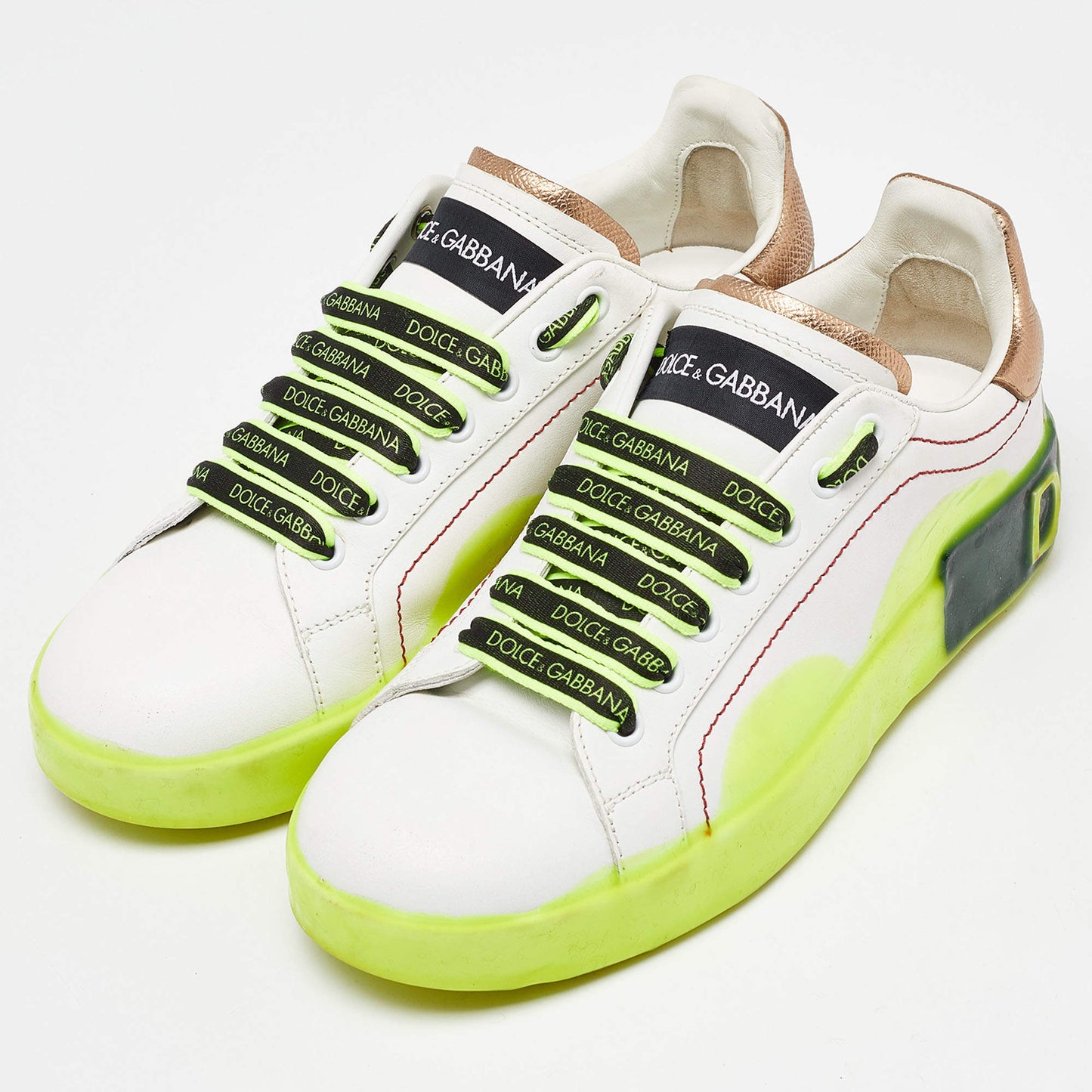 Original Dolce & Gabbana White/Neon Yellow Leather Portofino Sneakers Size 38