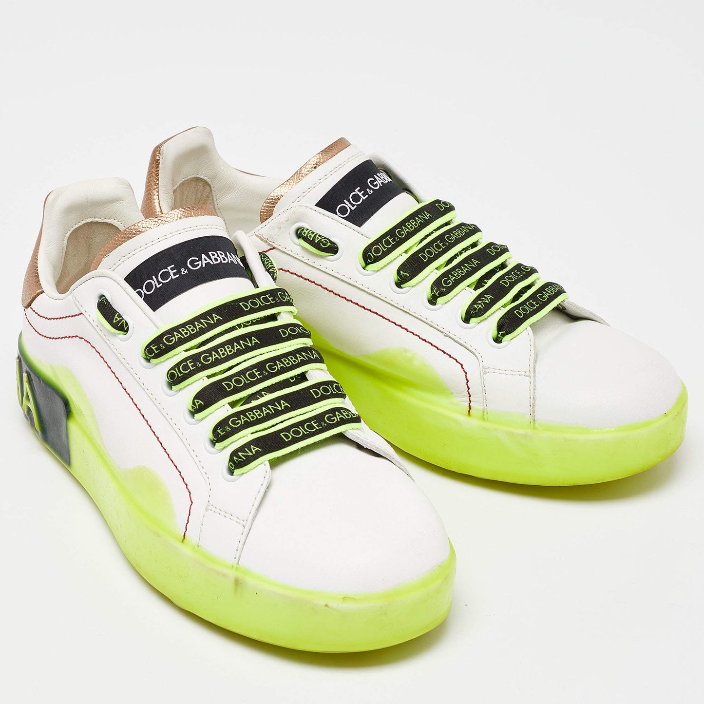 Original Dolce & Gabbana White/Neon Yellow Leather Portofino Sneakers Size 38