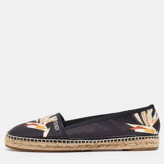 Original Fendi Black Printed Satin Espadrilles Flats Size 39