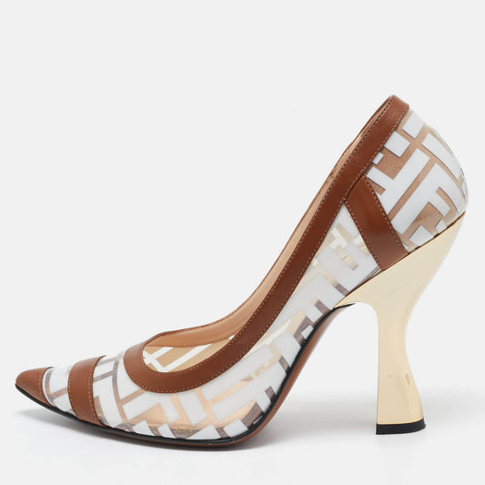 Original Fendi White/Brown Zucca PVC and Leather Trim Colibri Pointed Toe Pumps Size 37