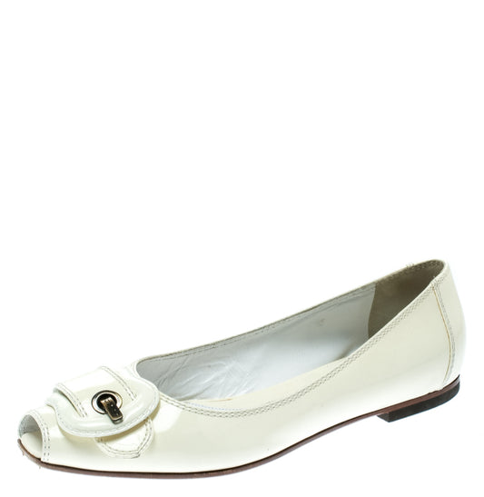 Original Fendi White Patent Leather Buckle Detail Square Peep Toe Ballet Flats Size 38.5