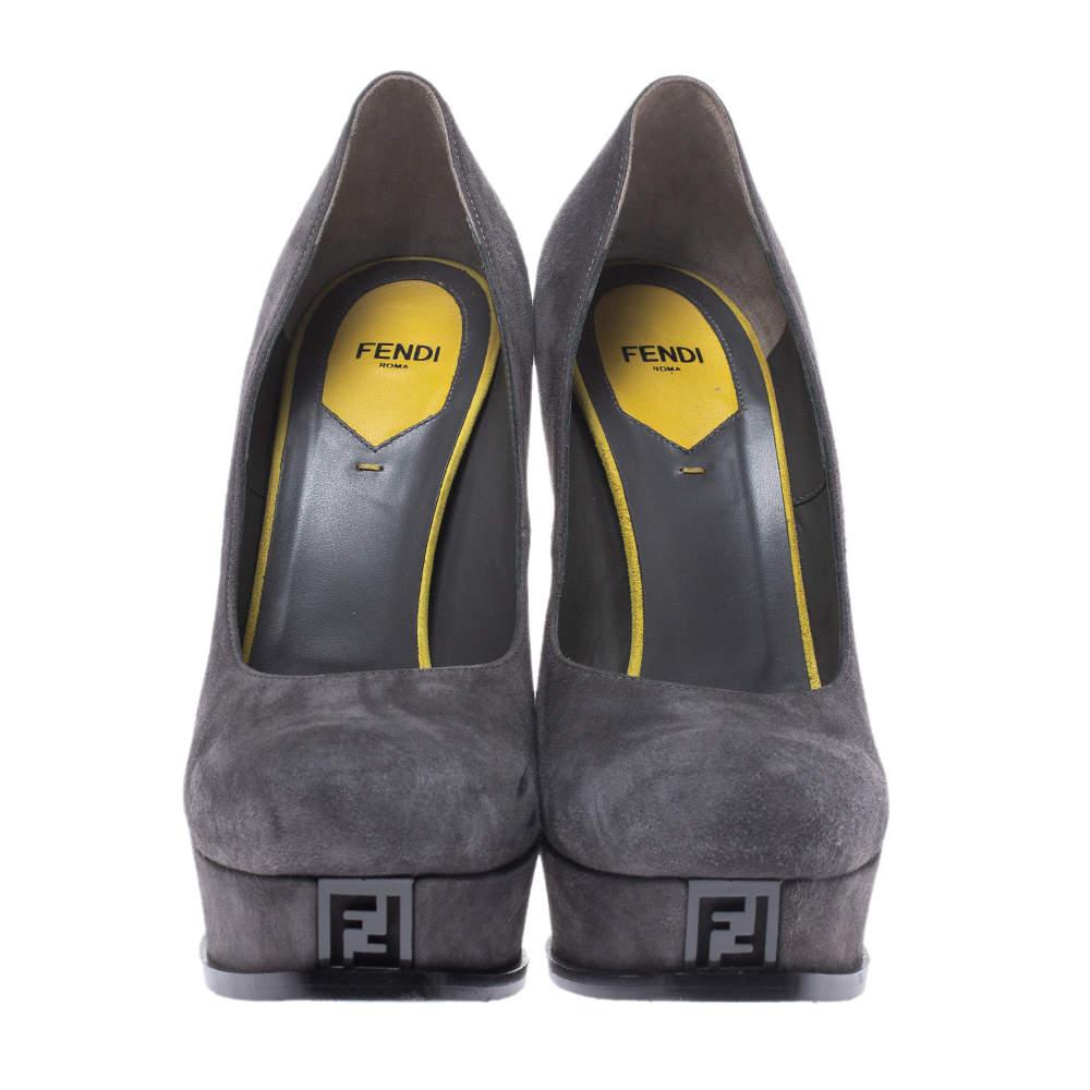 Original Fendi Grey/Yellow Suede Fendista Platform Pumps Size 39